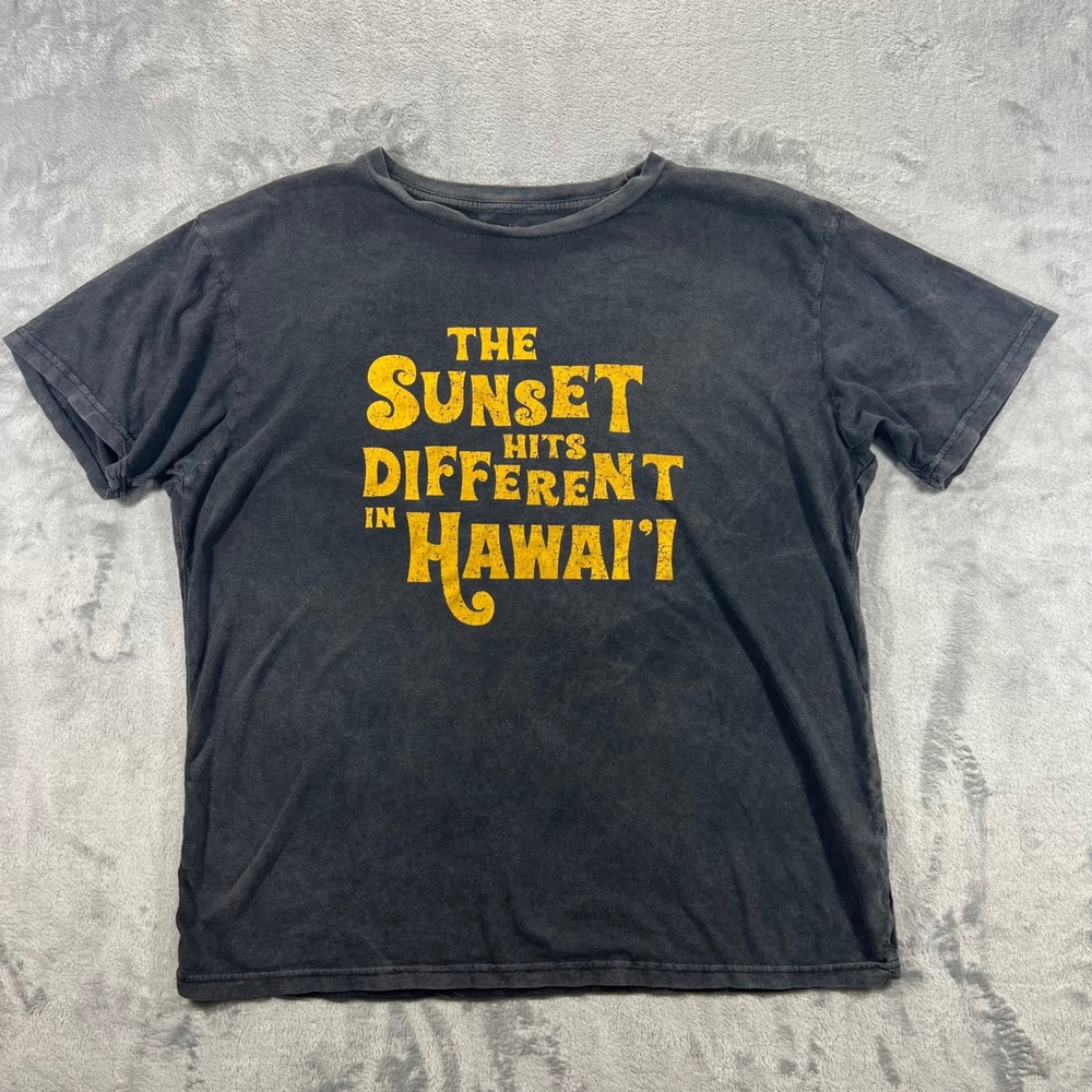 NO SWEAT HAWAII Graphic T-Shirt Mens L Washed Black Sunset Print‎ Vintage Summer